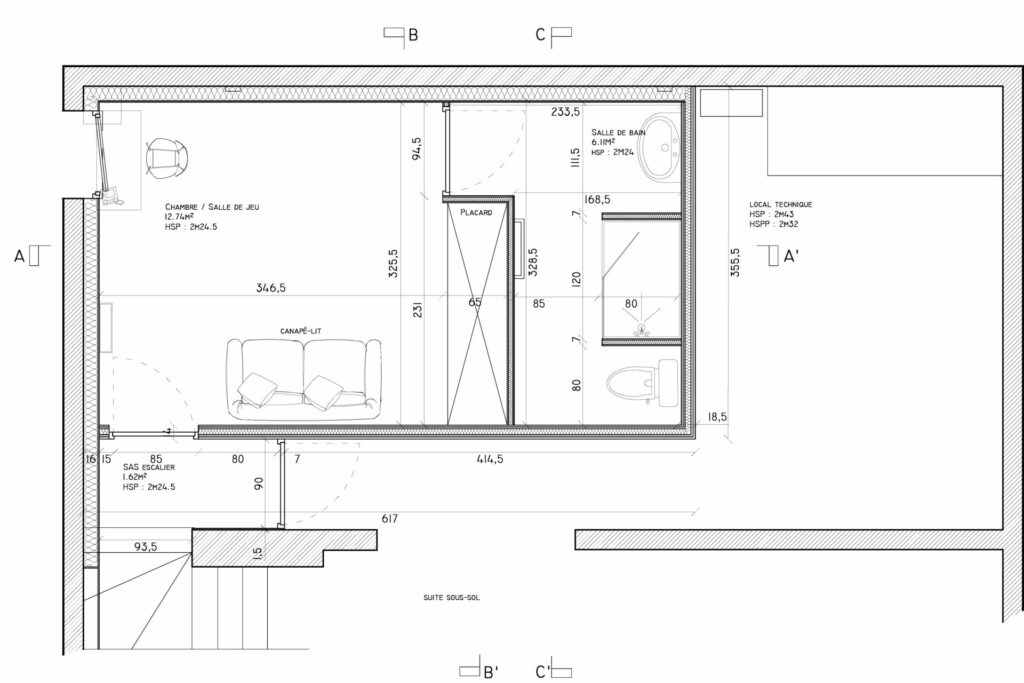 plan d'agencement d'un sous-sol pour creation d'une piece multifonctions