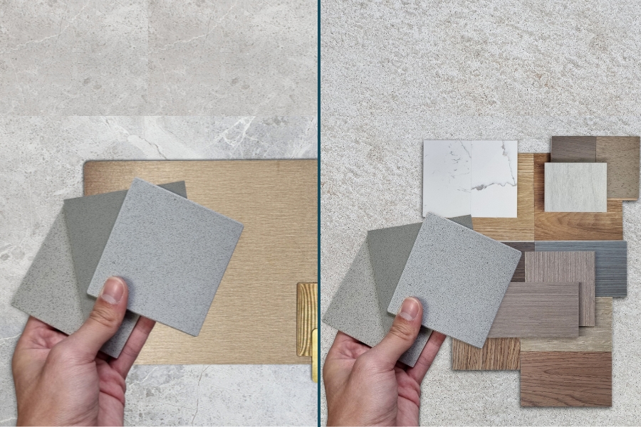 comparaison entre deux planches matériaux pour projet de décoration ou architecture d'intérieur. L'une est simple, l'autre élaborée.