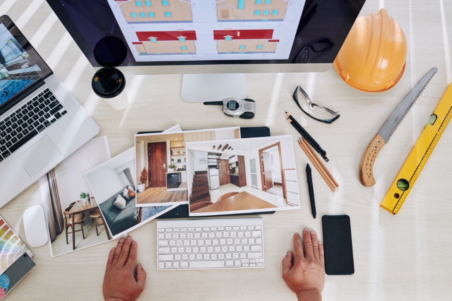 bureau d'une architecte d'intérieur qui travaille sur un projet, avec sa méthode, son processus, son offre et ses prix